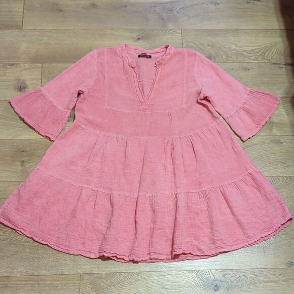 RAW MODA ITALIAN V NECK LINEN RUFFLE DRESS OS - Picture 2 of 7